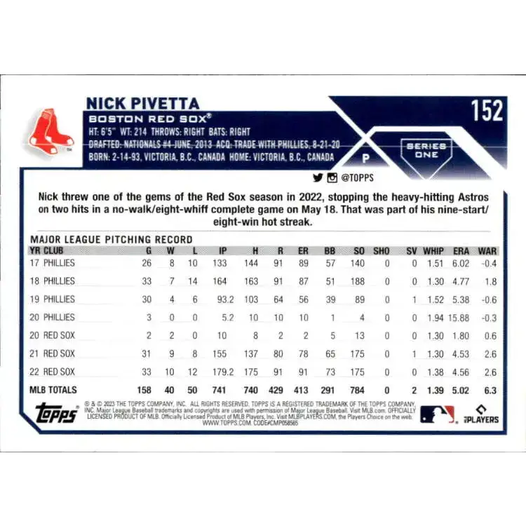 2023 Topps #152 Nick Pivetta NM-MT Boston Red Sox Baseball Card - Baseball Card Single