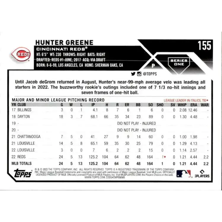 2023 Topps #155 Hunter Greene NM-MT Cincinnati Reds Baseball Card - Baseball Card Single