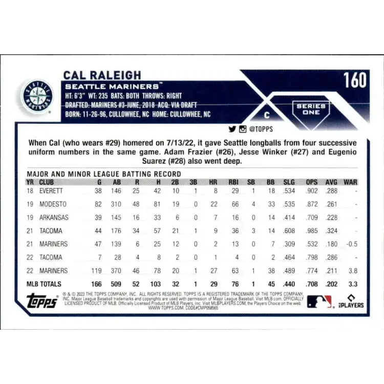2023 Topps #160 Cal Raleigh NM-MT Seattle Mariners Baseball Card - Baseball Card Single