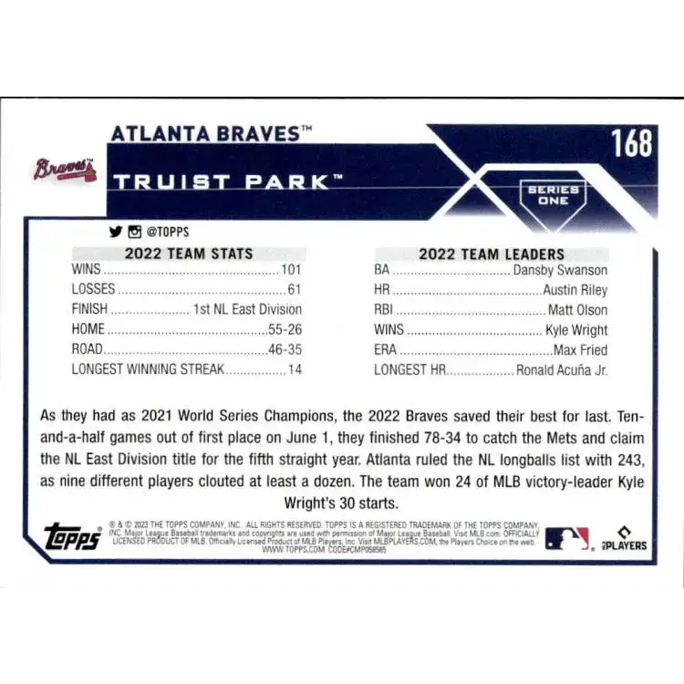 2023 Topps #168 Atlanta Braves NM-MT Team Card Baseball Card - Baseball Card Single