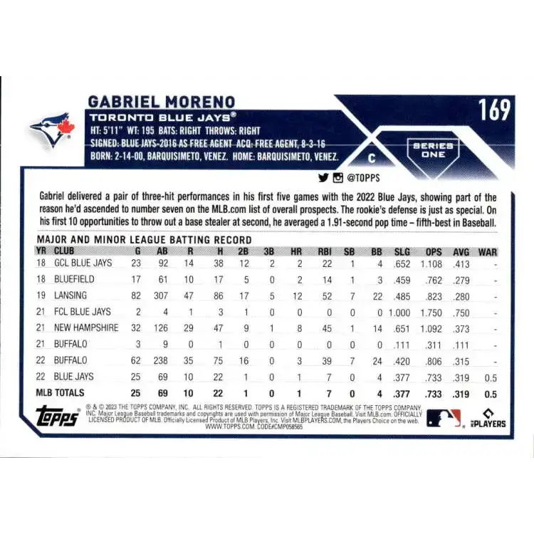 2023 Topps #169 Gabriel Moreno NM-MT RC Rookie Toronto Blue Jays Baseball Card - Baseball Card Single