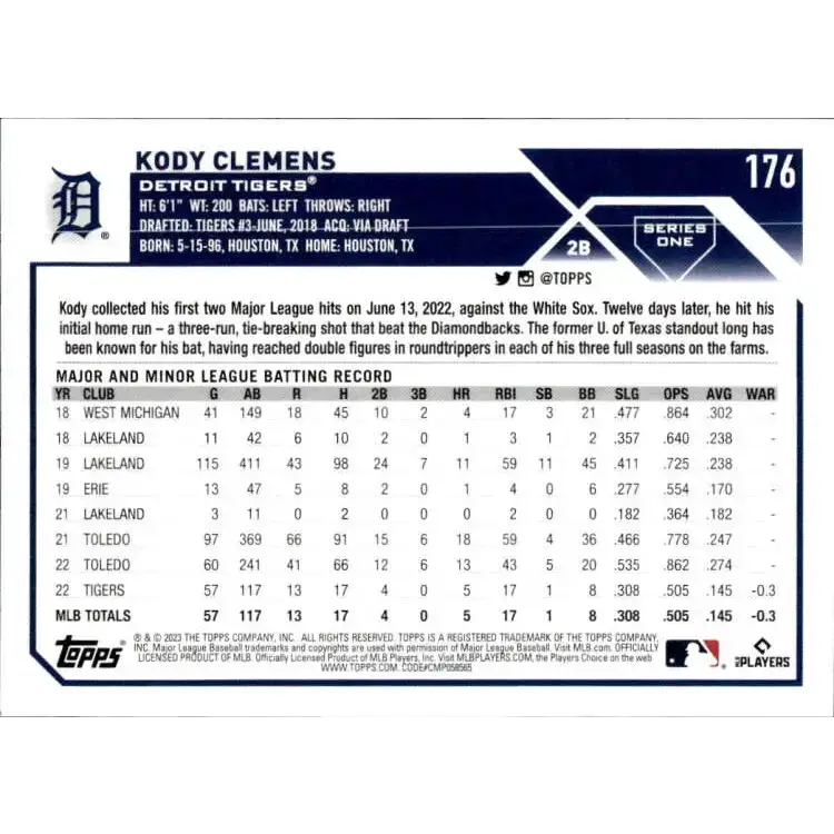 2023 Topps #176 Kody Clemens NM-MT RC Rookie Detroit Tigers Baseball Card - Baseball Card Single