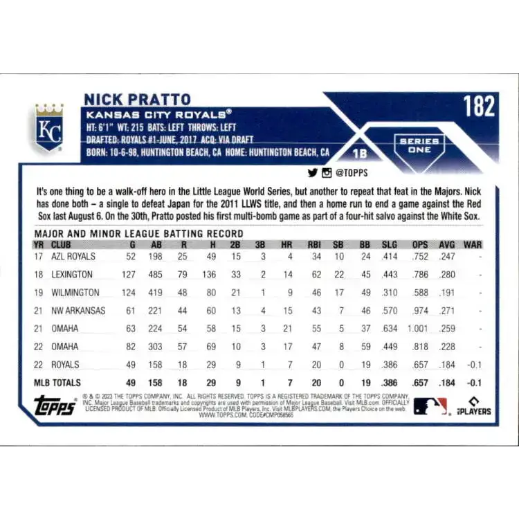 2023 Topps #182 Nick Pratto NM-MT RC Rookie Kansas City Royals Baseball Card - Baseball Card Single