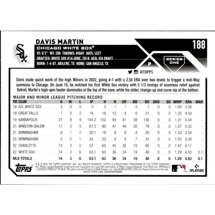 2023 Topps #188 Davis Martin NM-MT RC Rookie Chicago White Sox Baseball Card - Baseball Card Single