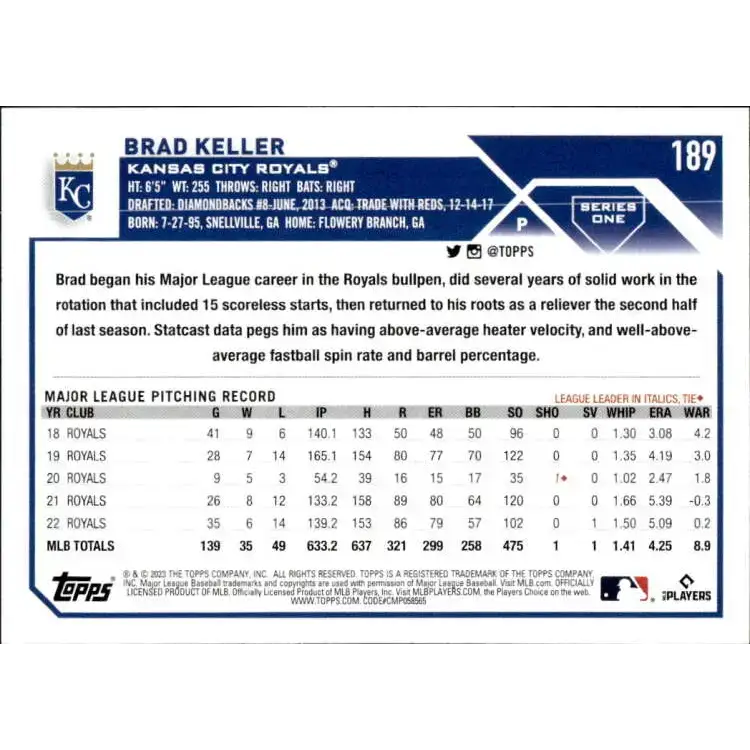 2023 Topps #189 Brad Keller NM-MT Kansas City Royals Baseball Card - Baseball Card Single