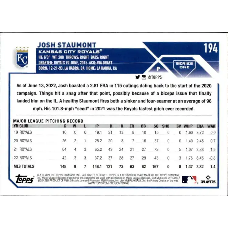 2023 Topps #194 Josh Staumont NM-MT Kansas City Royals Baseball Card - Baseball Card Single