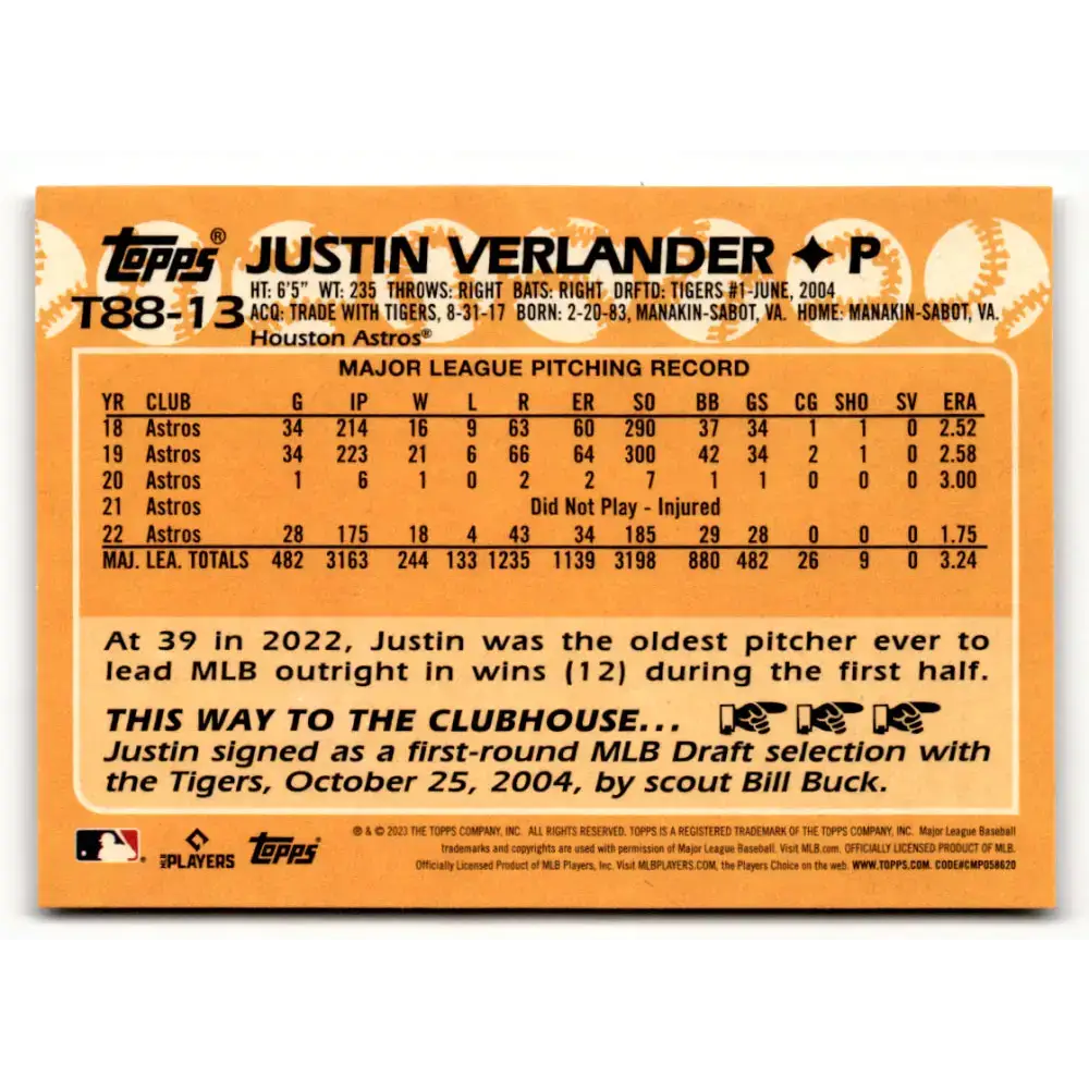 2023 Topps 1988 Baseball #T88-13 Justin Verlander NM-MT Houston Astros Baseball Card - Baseball Card Single