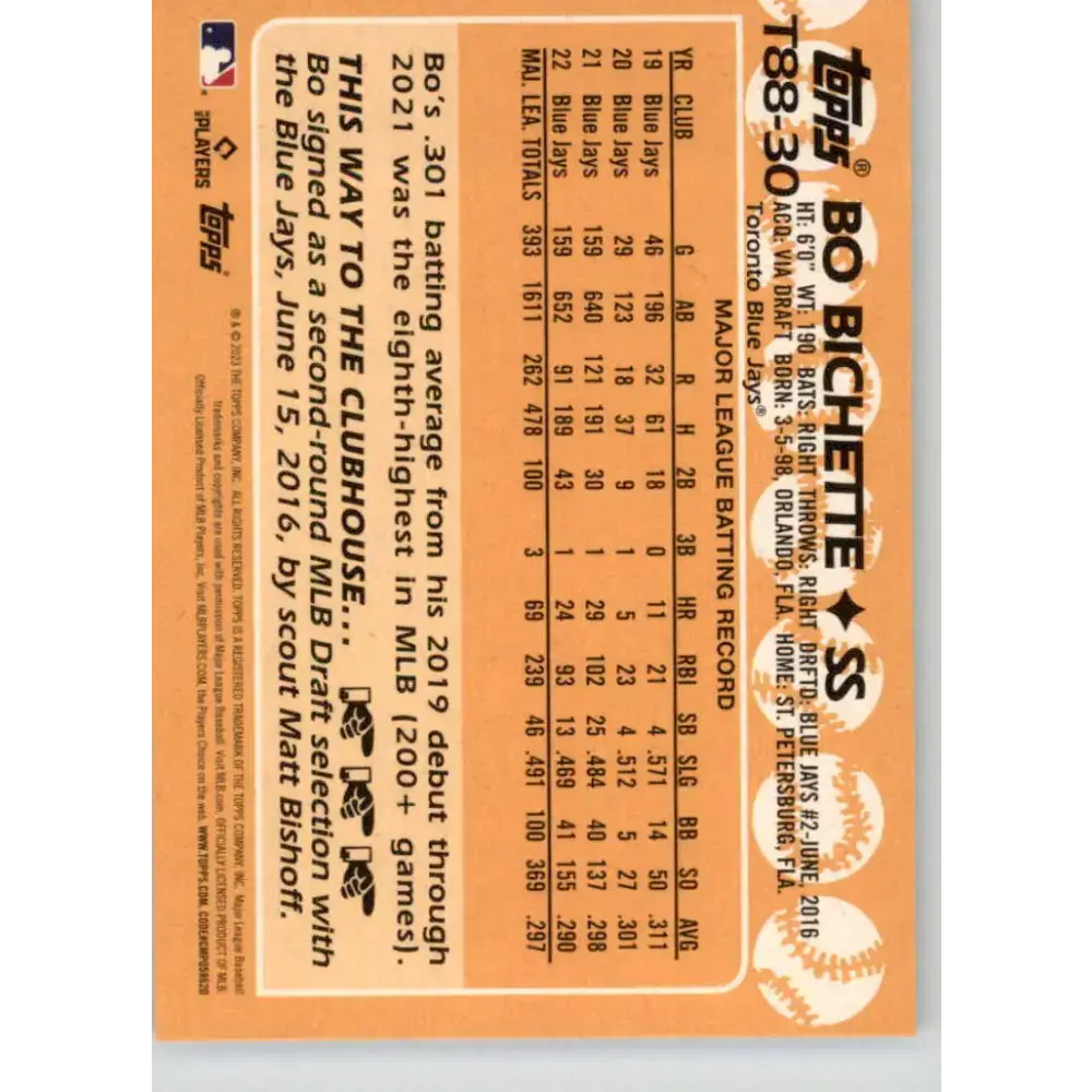 2023 Topps 1988 Baseball #T88-30 Bo Bichette NM-MT Toronto Blue Jays Baseball Card - Baseball Card Single