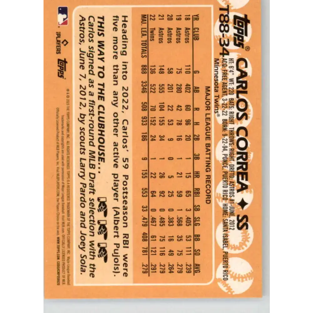 2023 Topps 1988 Baseball #T88-34 Carlos Correa NM-MT Minnesota Twins Baseball Card - Baseball Card Single