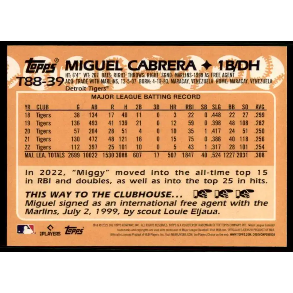 2023 Topps 1988 Baseball #T88-39 Miguel Cabrera NM-MT Detroit Tigers Baseball Card - Baseball Card Single