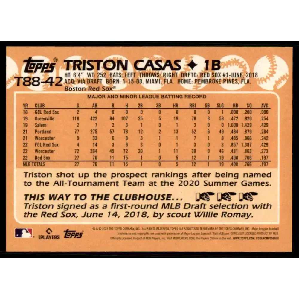 2023 Topps 1988 Baseball #T88-42 Triston Casas NM-MT Boston Red Sox Baseball Card - Baseball Card Single