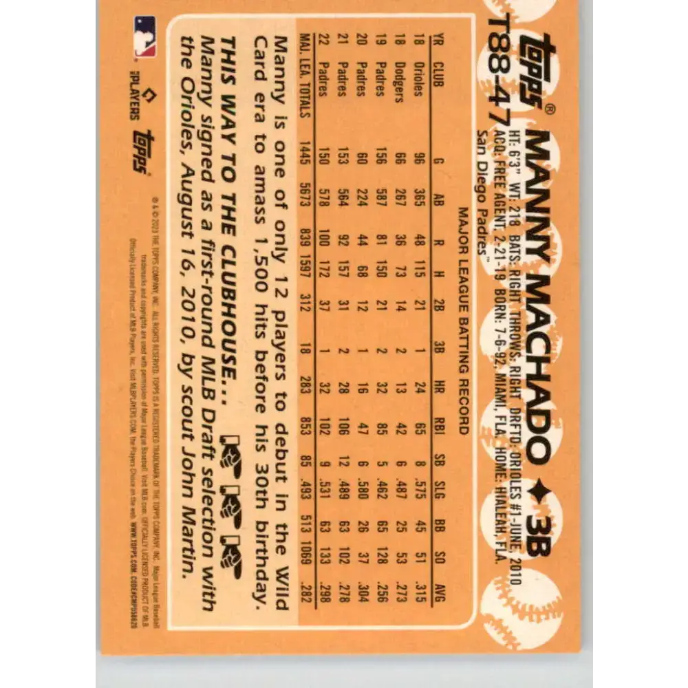 2023 Topps 1988 Baseball #T88-47 Manny Machado NM-MT San Diego Padres Baseball Card - Baseball Card Single
