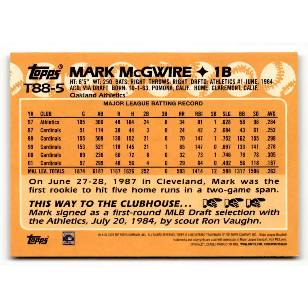 2023 Topps 1988 Baseball #T88-5 Mark McGwire NM-MT Oakland Athletics Baseball Card - Baseball Card Single