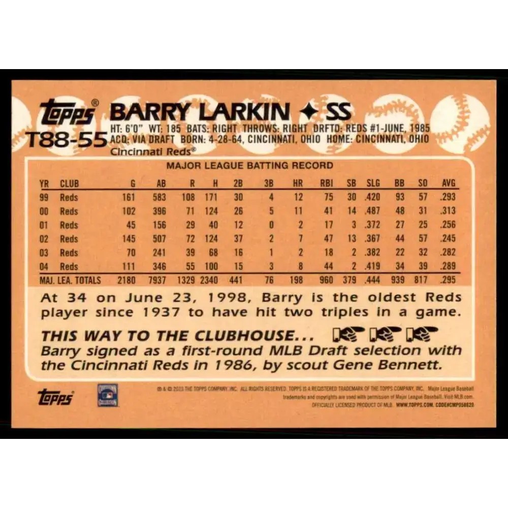 2023 Topps 1988 Baseball #T88-55 Barry Larkin NM-MT Cincinnati Reds Baseball Card - Baseball Card Single