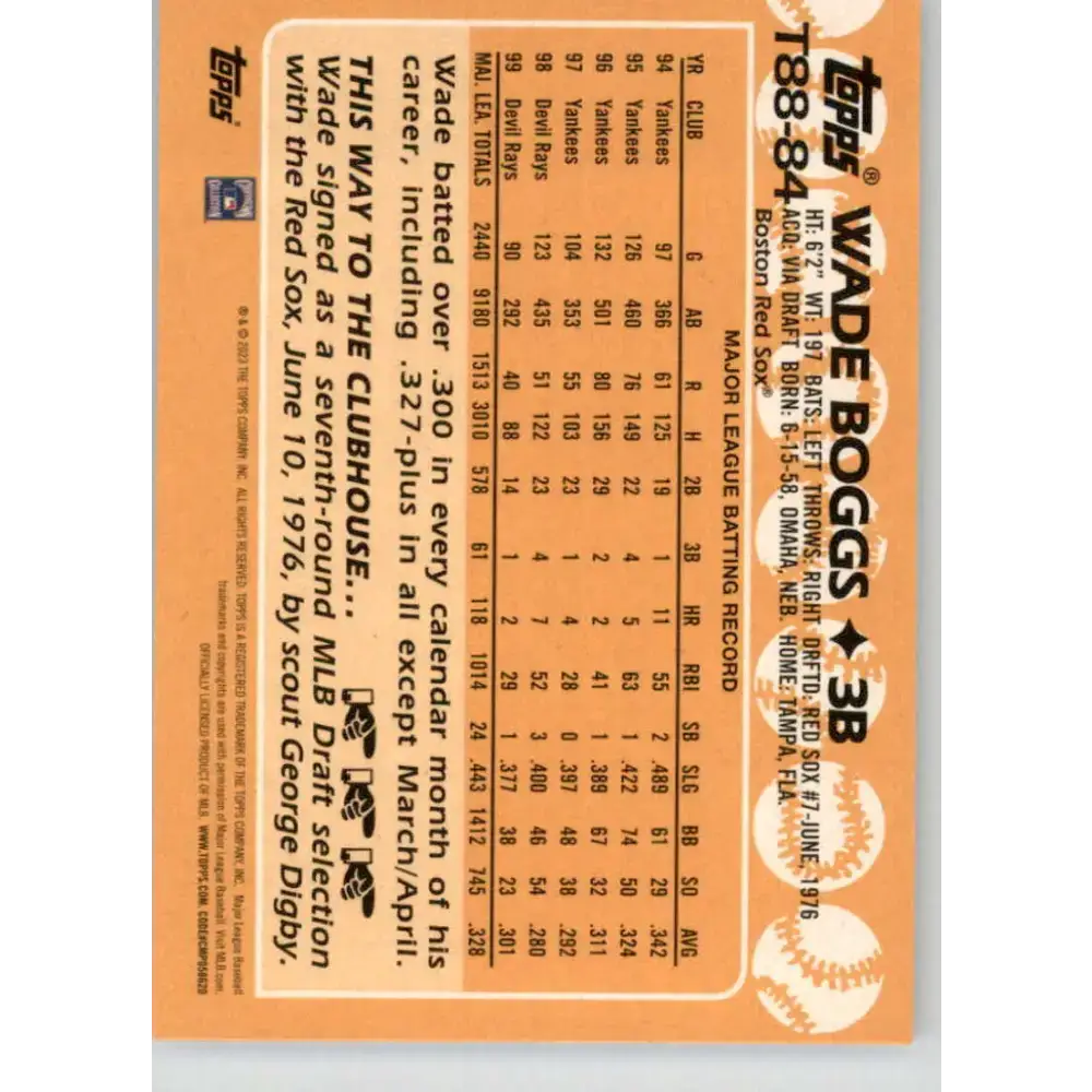 2023 Topps 1988 Baseball #T88-84 Wade Boggs NM-MT Boston Red Sox Baseball Card - Baseball Card Single