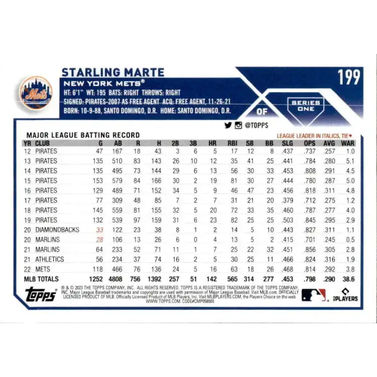 2023 Topps #199 Starling Marte NM-MT New York Mets Baseball Card - Baseball Card Single