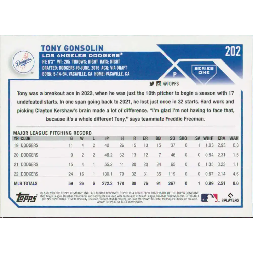 2023 Topps #202 Tony Gonsolin NM-MT Los Angeles Dodgers Baseball Card - Baseball Card Single