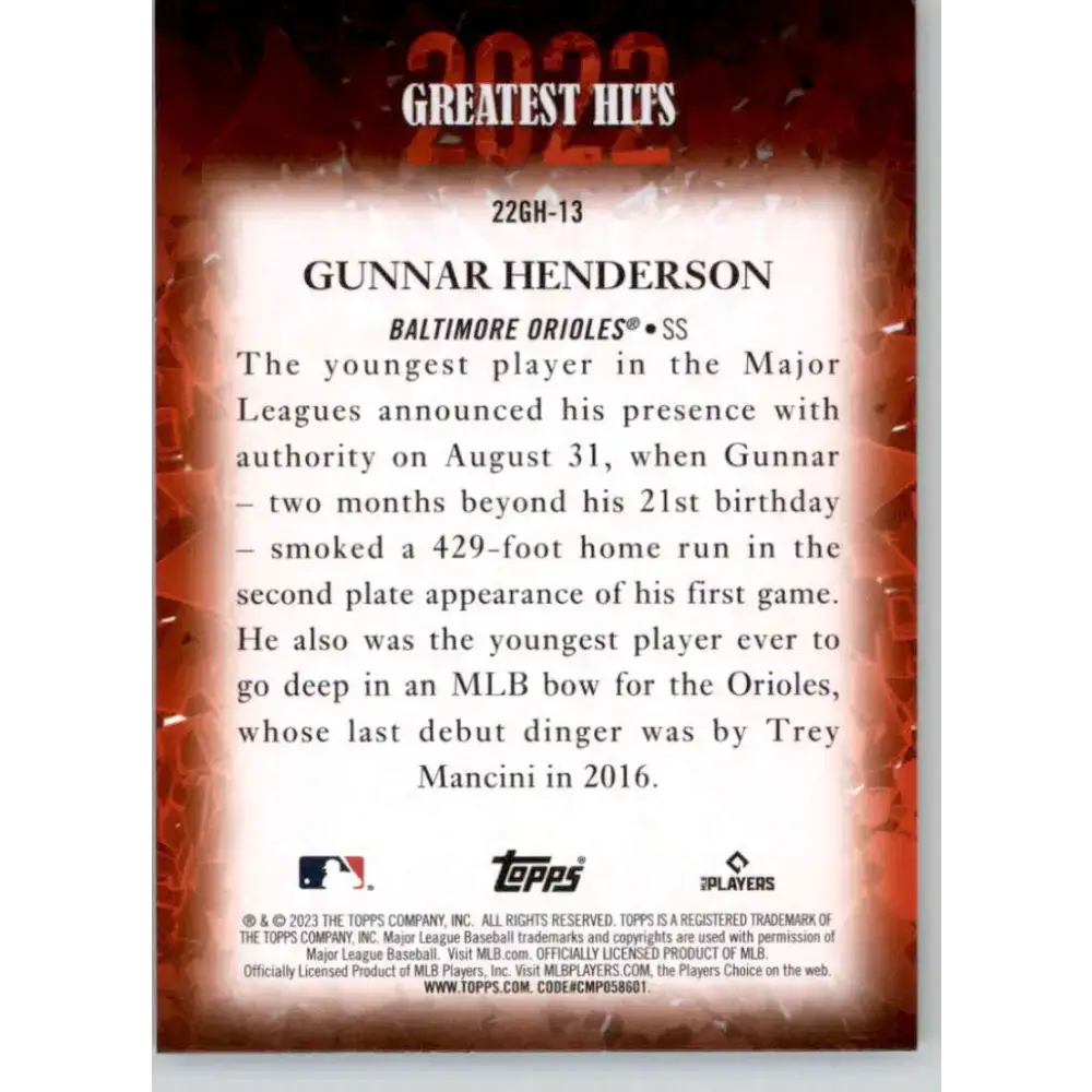 2023 Topps 2022 Greatest Hits #22GH-13 Gunnar Henderson NM-MT Baltimore Orioles Baseball Card - Baseball Card Single