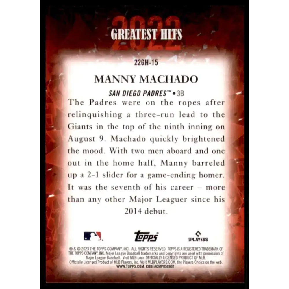 2023 Topps 2022 Greatest Hits #22GH-15 Manny Machado NM-MT San Diego Padres Baseball Card - Baseball Card Single