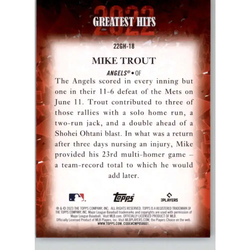 2023 Topps 2022 Greatest Hits #22GH-18 Mike Trout NM-MT Los Angeles Angels Baseball Card - Baseball Card Single