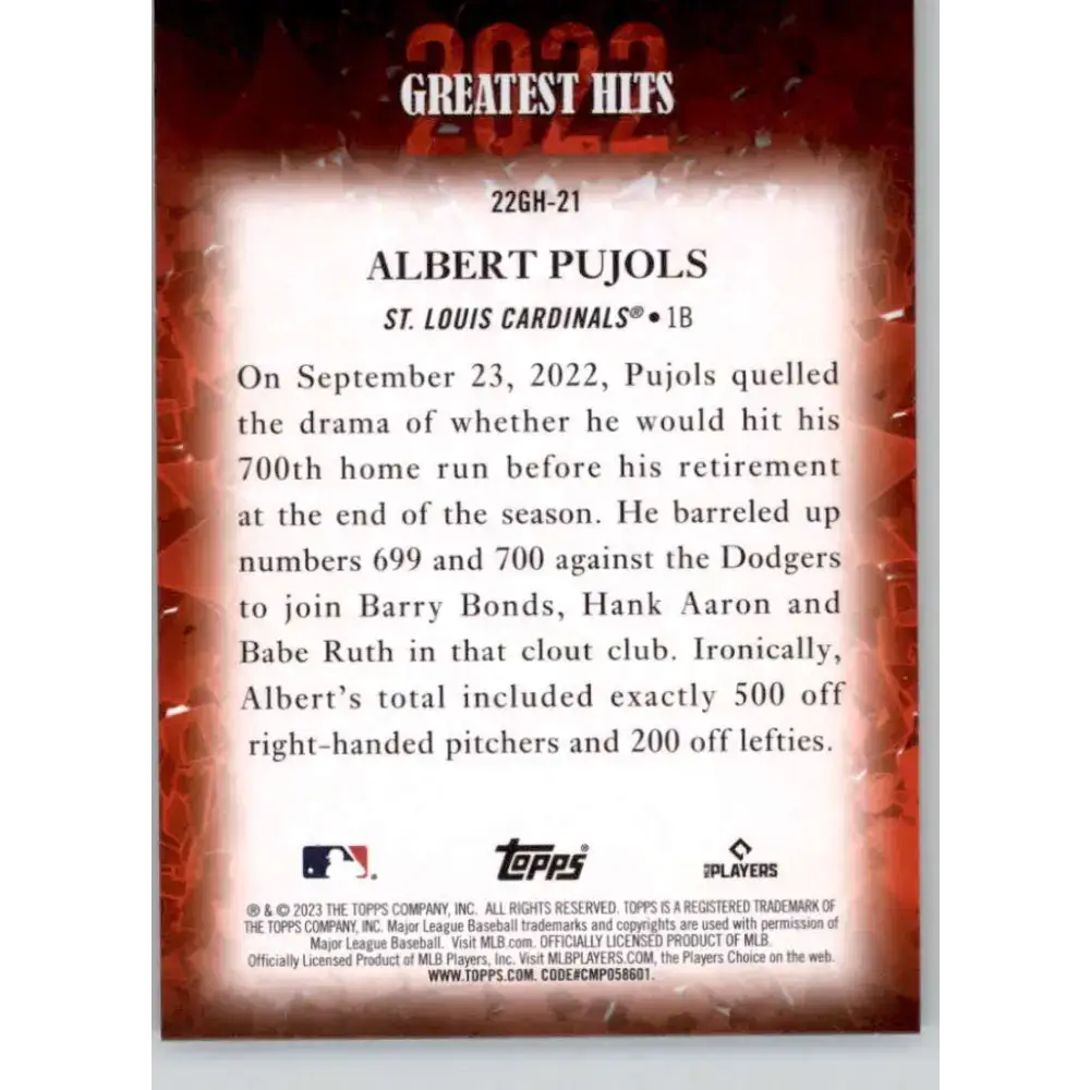2023 Topps 2022 Greatest Hits #22GH-21 Albert Pujols NM-MT St. Louis Cardinals Baseball Card - Baseball Card Single