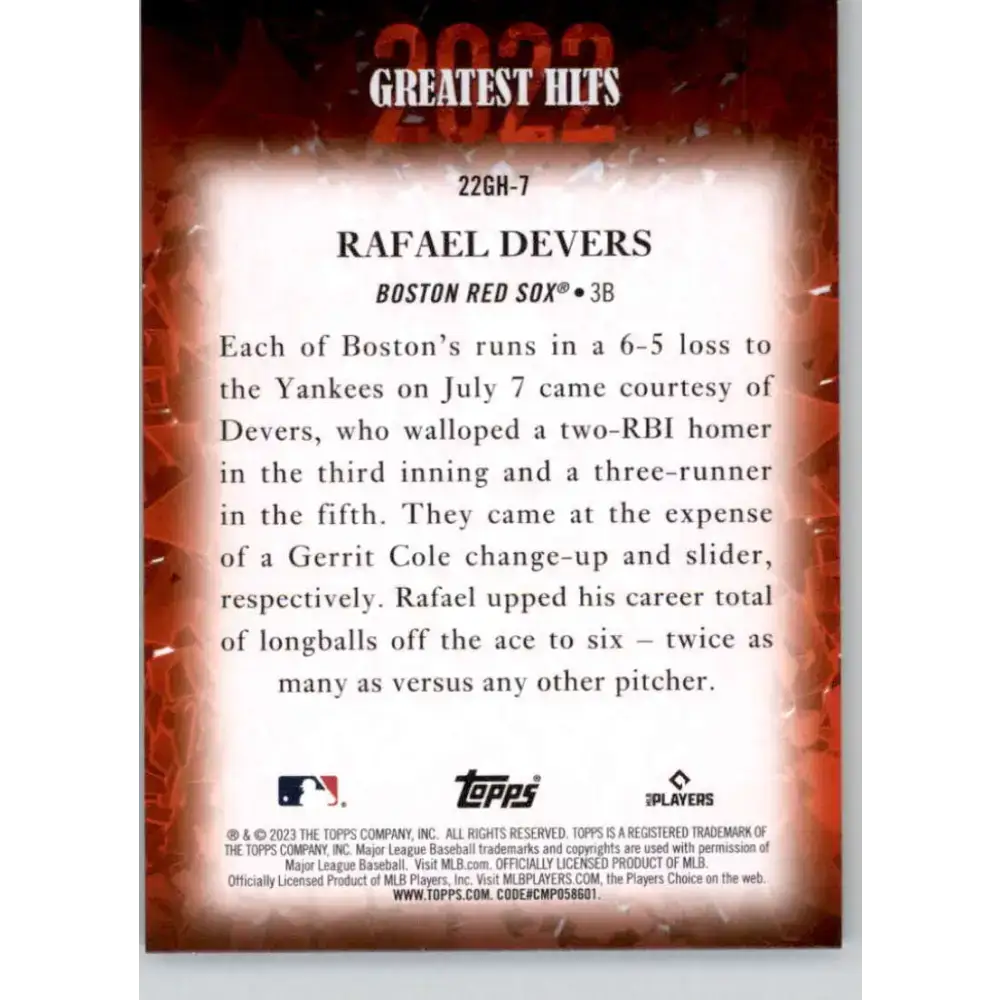2023 Topps 2022 Greatest Hits #22GH-7 Rafael Devers NM-MT Boston Red Sox Baseball Card - Baseball Card Single