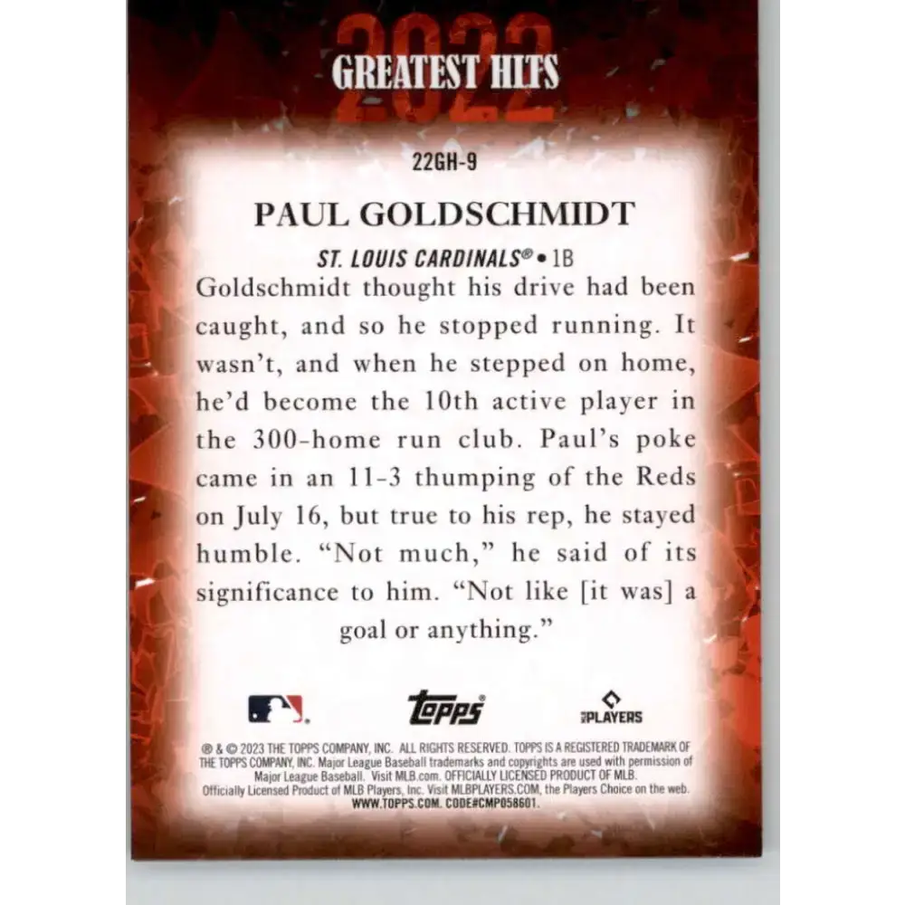 2023 Topps 2022 Greatest Hits #22GH-9 Paul Goldschmidt NM-MT St. Louis Cardinals Baseball Card - Baseball Card Single