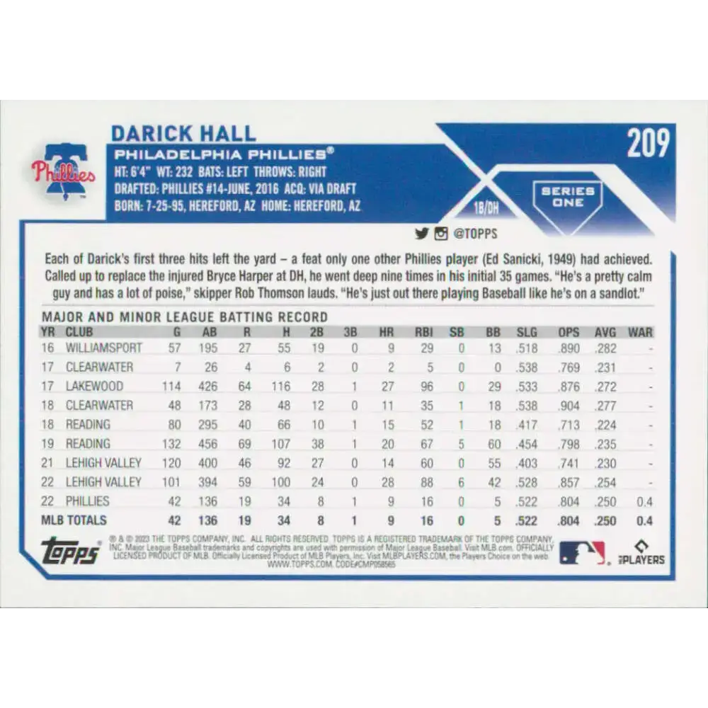 2023 Topps #209 Darick Hall NM-MT RC Rookie Philadelphia Phillies Baseball Card - Baseball Card Single