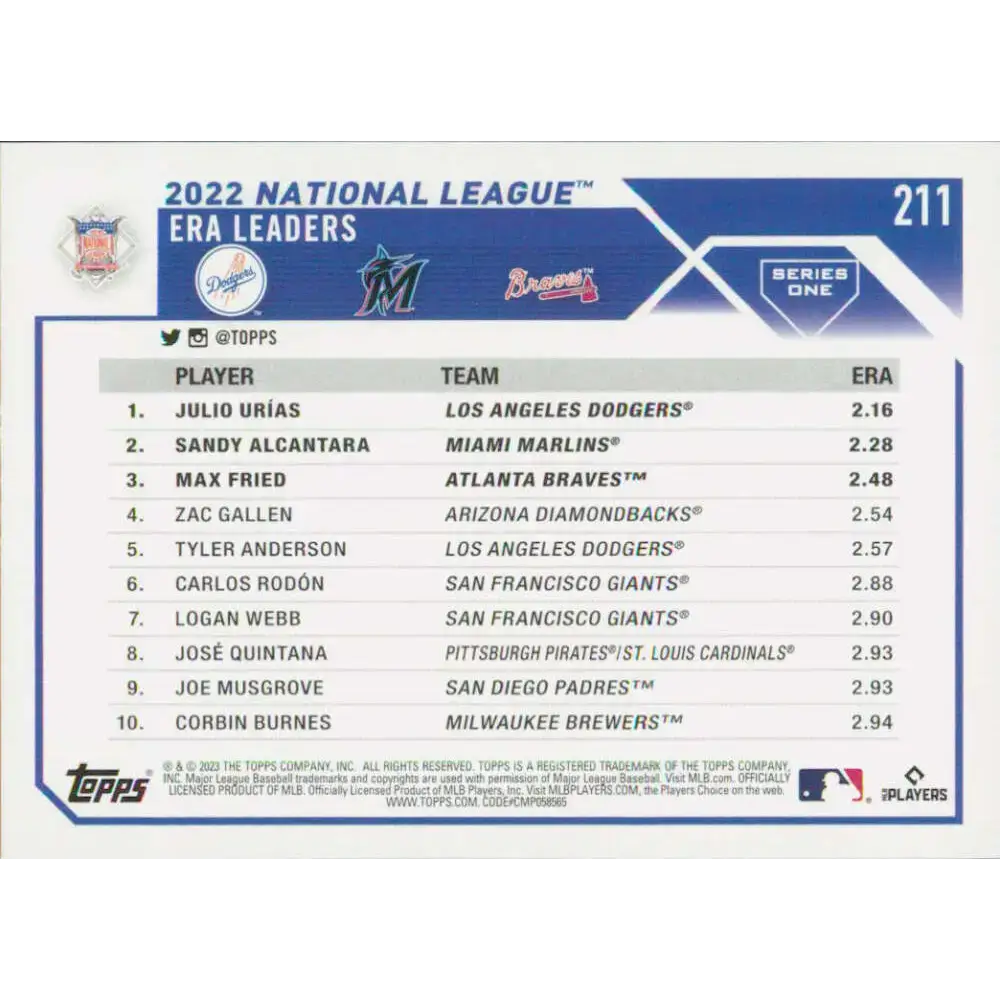 2023 Topps #211 Max Fried/Sandy Alcantara/Julio Urias NM-MT Baseball Card - Baseball Card Single