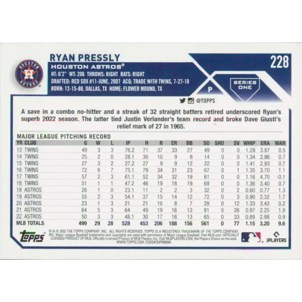 2023 Topps #228 Ryan Pressly NM-MT Houston Astros Baseball Card - Baseball Card Single