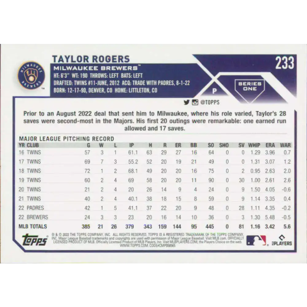 2023 Topps #233 Taylor Rogers NM-MT Milwaukee Brewers Baseball Card - Baseball Card Single