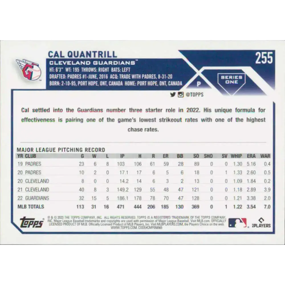 2023 Topps #255 Cal Quantrill NM-MT Cleveland Guardians Baseball Card - Baseball Card Single