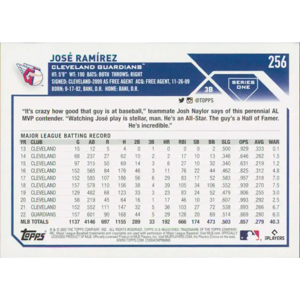 2023 Topps #256 Jose Ramirez NM-MT Cleveland Guardians Baseball Card - Baseball Card Single