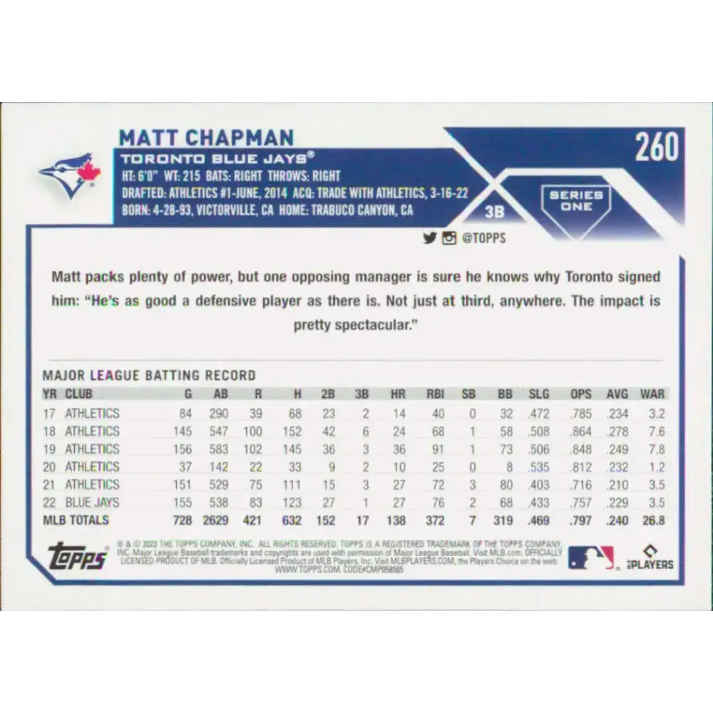 2023 Topps #260 Matt Chapman NM-MT Toronto Blue Jays Baseball Card - Baseball Card Single
