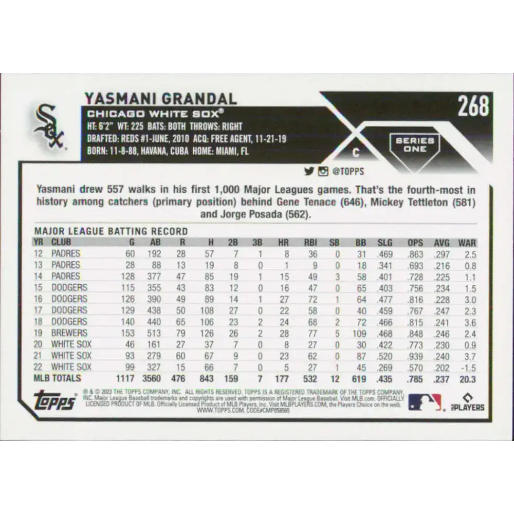 2023 Topps #268 Yasmani Grandal NM-MT Chicago White Sox Baseball Card - Baseball Card Single