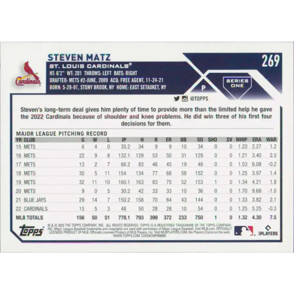 2023 Topps #269 Steven Matz NM-MT St. Louis Cardinals Baseball Card - Baseball Card Single