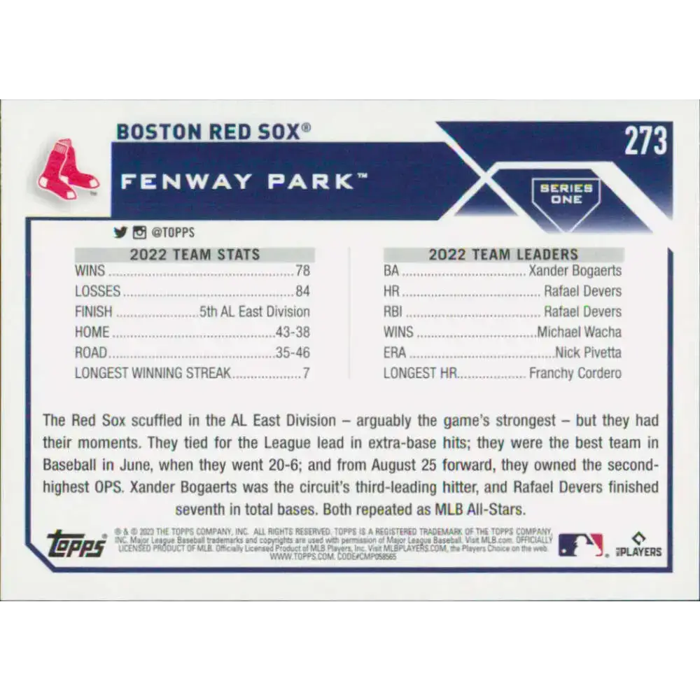 2023 Topps #273 Boston Red Sox NM-MT Team Card Baseball Card - Baseball Card Single