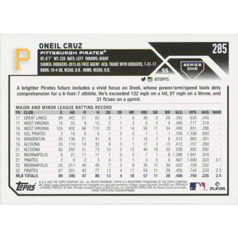 2023 Topps #285 Oneil Cruz NM-MT Pittsburgh Pirates Baseball Card - Baseball Card Single