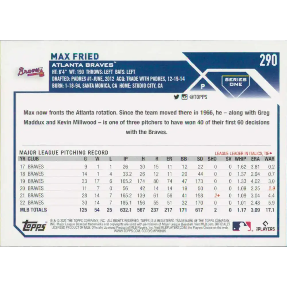2023 Topps #290 Max Fried NM-MT Atlanta Braves Baseball Card - Baseball Card Single
