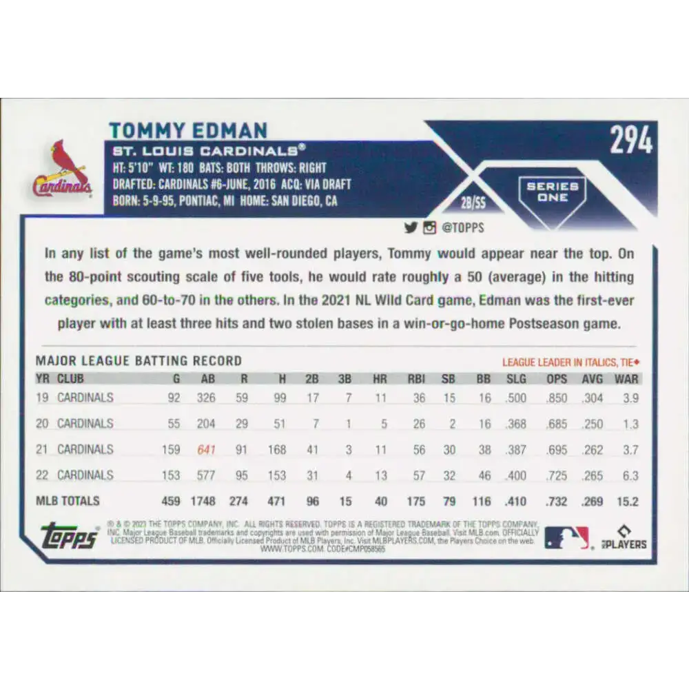 2023 Topps #294 Tommy Edman NM-MT St. Louis Cardinals Baseball Card - Baseball Card Single