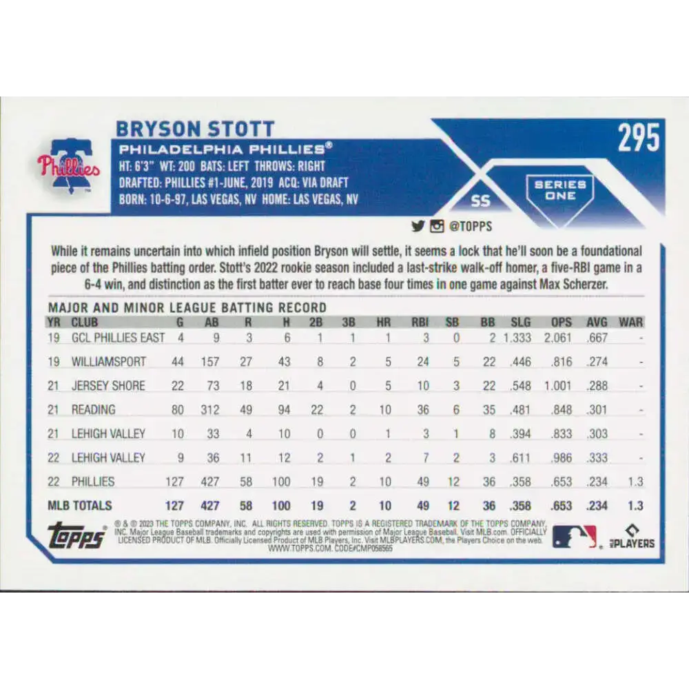 2023 Topps #295 Bryson Stott NM-MT Philadelphia Phillies Baseball Card - Baseball Card Single