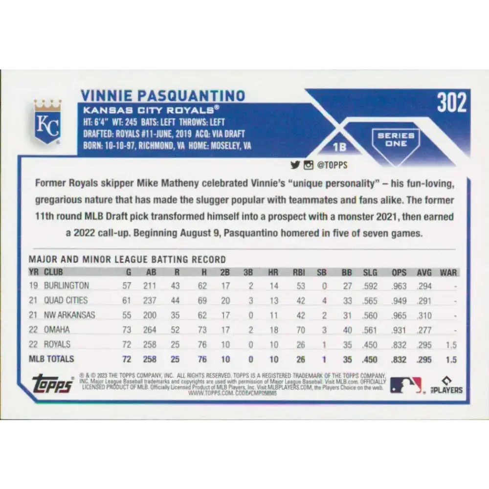 2023 Topps #302 Vinnie Pasquantino NM-MT RC Rookie Kansas City Royals Baseball Card - Baseball Card Single