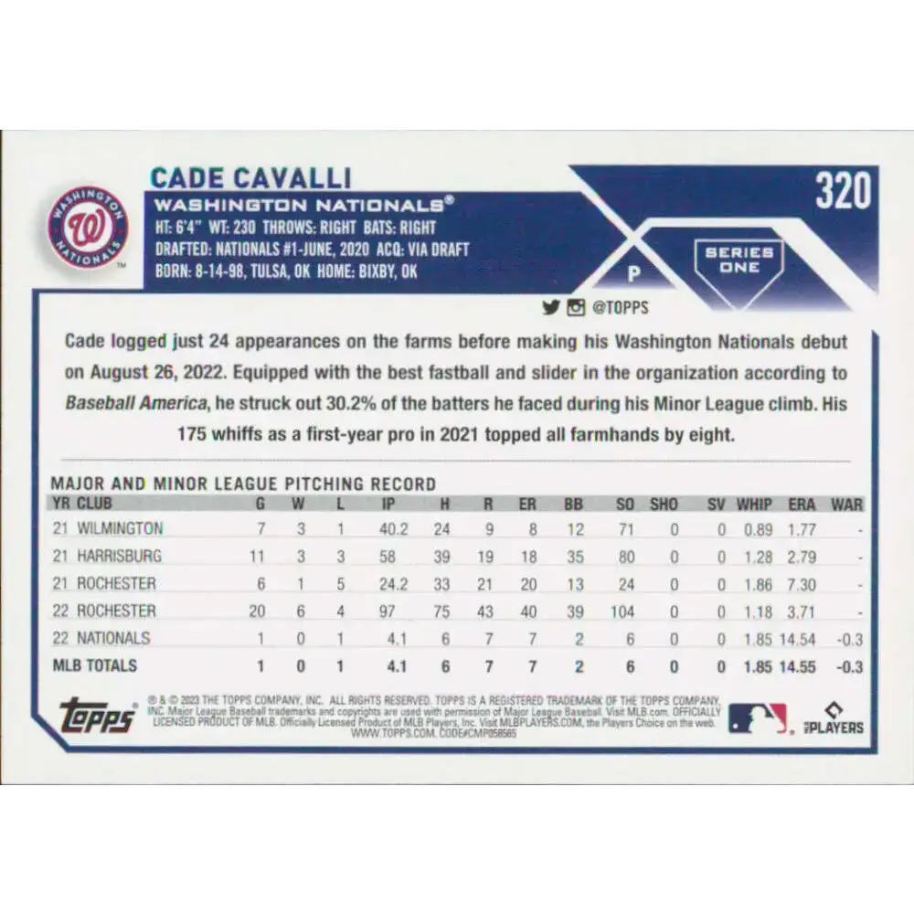 2023 Topps #320 Cade Cavalli NM-MT RC Rookie Washington Nationals Baseball Card - Baseball Card Single
