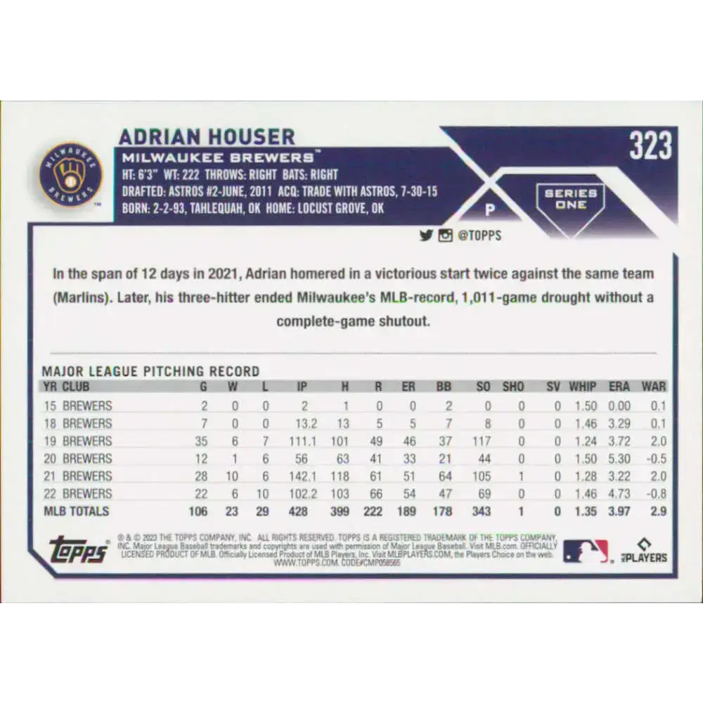 2023 Topps #323 Adrian Houser NM-MT Milwaukee Brewers Baseball Card - Baseball Card Single