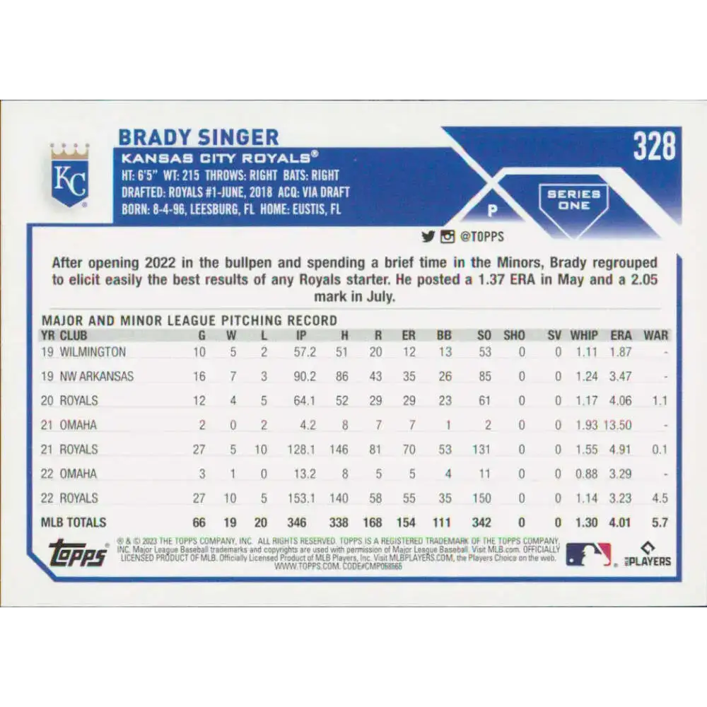2023 Topps #328 Brady Singer NM-MT Kansas City Royals Baseball Card - Baseball Card Single