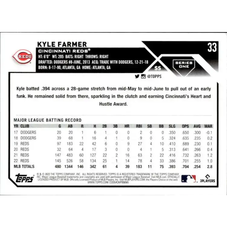 2023 Topps #33 Kyle Farmer NM-MT Cincinnati Reds Baseball Card - Baseball Card Single