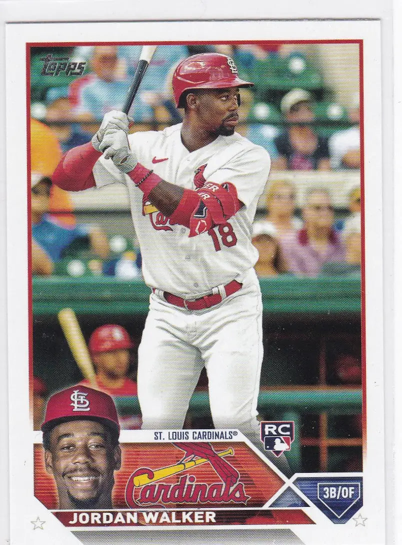 Baseball card of Jordan Walker RC rookie in St. Louis Cardinals uniform at bat