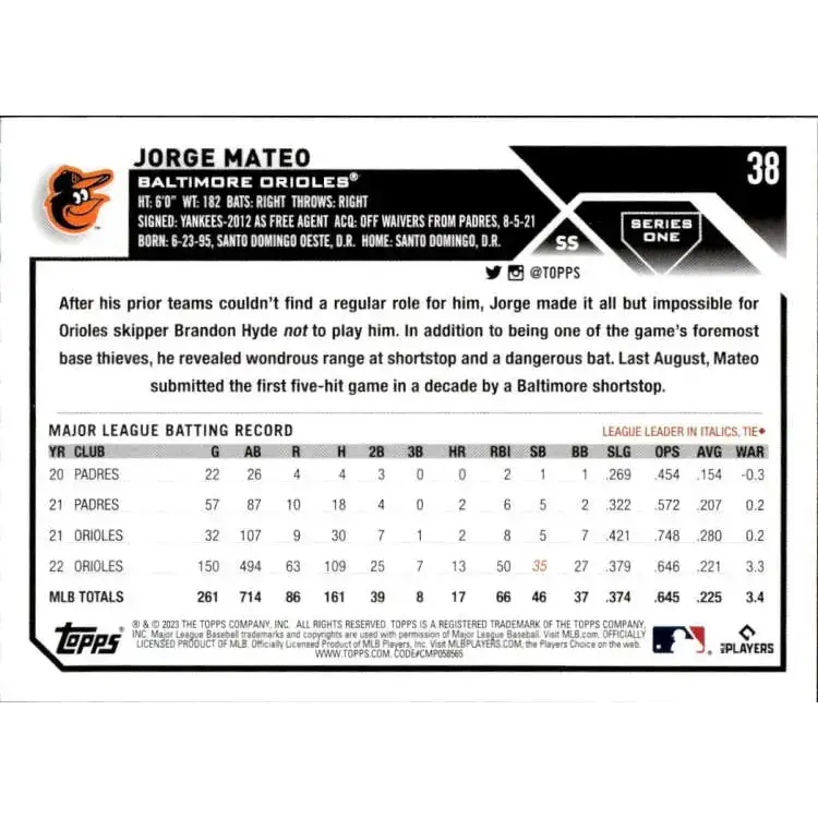 2023 Topps #38 Jorge Mateo NM-MT Baltimore Orioles Baseball Card - Baseball Card Single