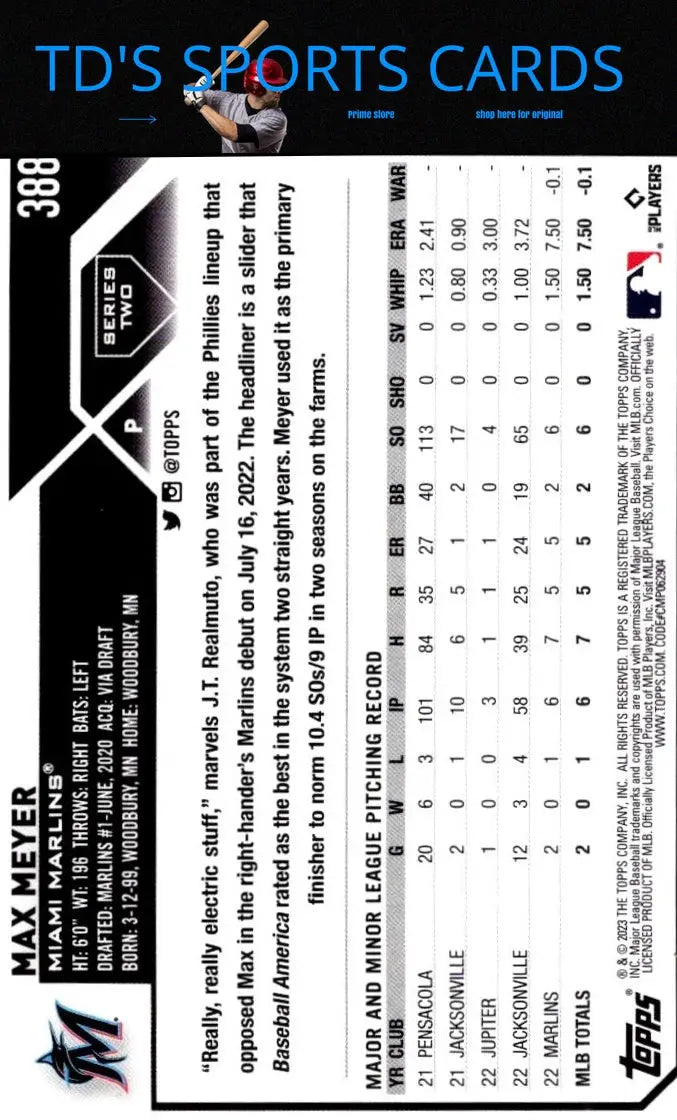 2023 Topps Max Meyer baseball card featuring Max Meyer player image