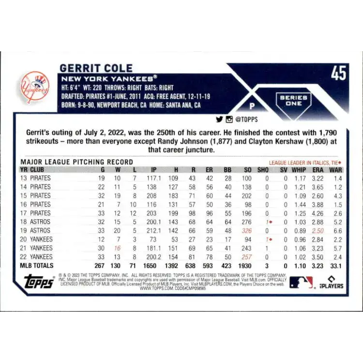 2023 Topps #45 Gerrit Cole NM-MT New York Yankees Baseball Card - Baseball Card Single